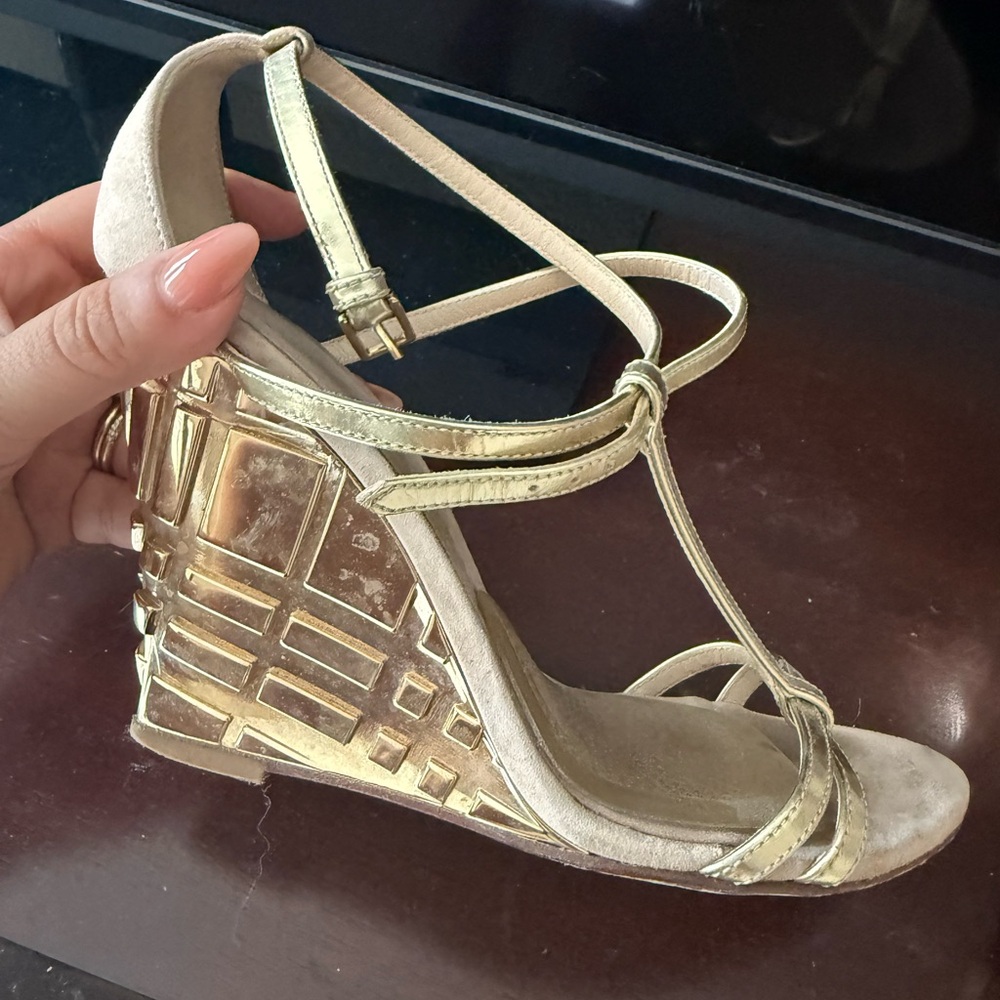 Burberry Gold Wedge Sandals